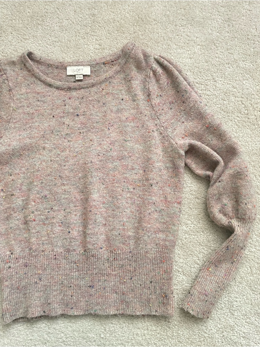 LOFT Pink Speckled Crewneck Sweater with Balloon Long Sleeve Fall Womens